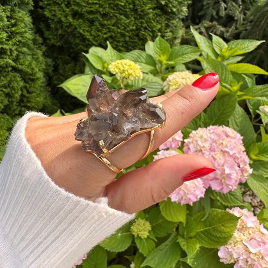 Smoky quartz cluster ring