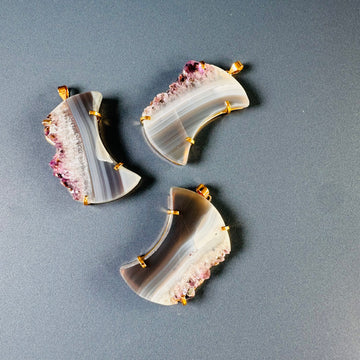 Oversized amethyst crystal slice crescent moon pendant