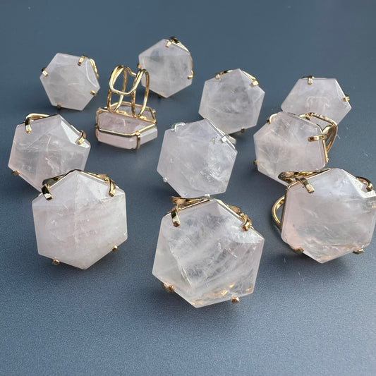Rose quartz large hexagon ring