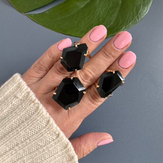 Freeform faceted black onyx ring