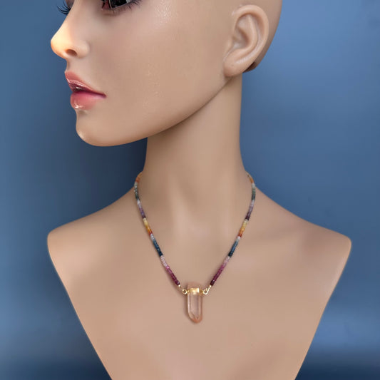 Multicolor sapphire necklace with pink lemurian point connector