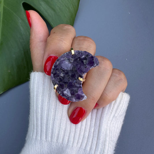 Druzy amethyst crescent moon ring