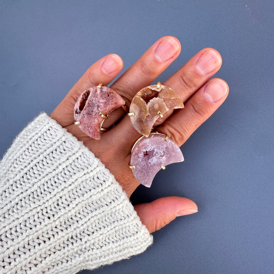Druzy pink amethyst moon ring