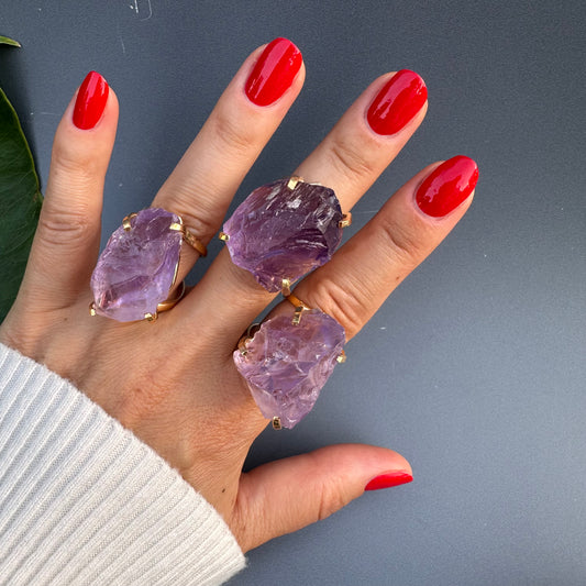 Large raw purple amethyst gem ring