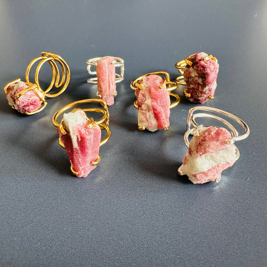 Raw pink tourmaline slice ring in matrix