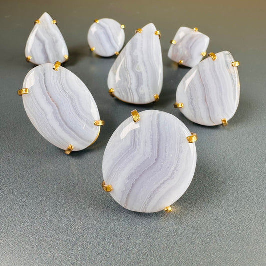 Blue lace agate mixed-shape cabochon rings