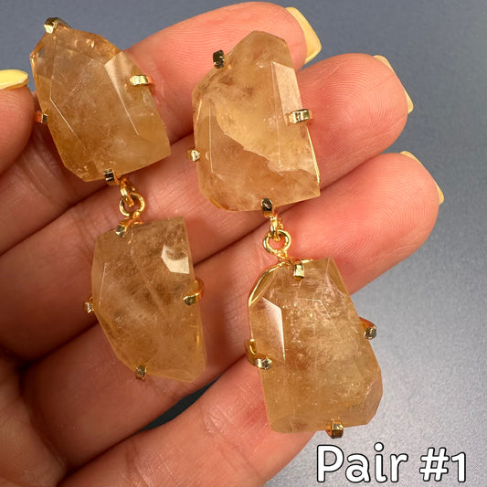 Chunky freeform faceted citrine double drop dangle earrings