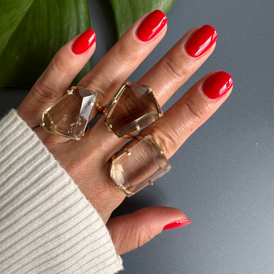 Freeform faceted smoky quartz ring