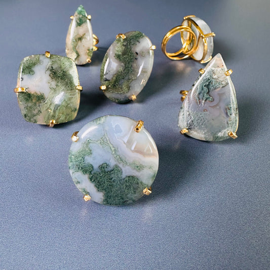 Moss agate mixed-shape cabochon rings