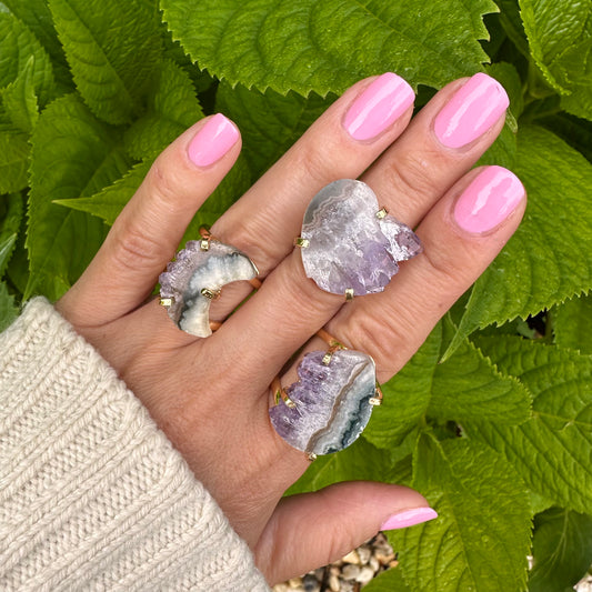 Amethyst crystals slice small crescent moon ring