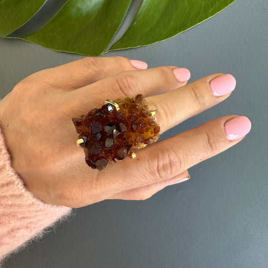 Druzy citrine crystal cluster statement ring