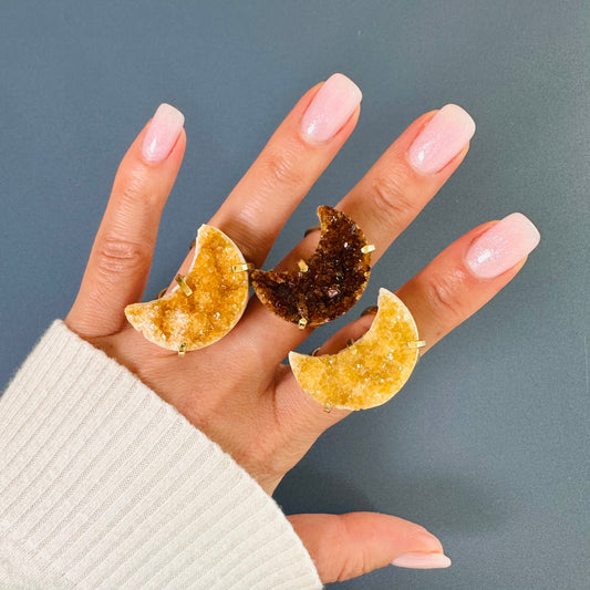 Druzy citrine crescent moon cluster ring