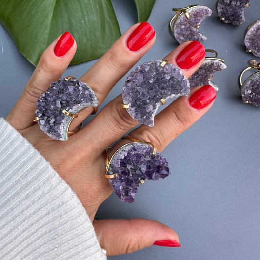 Druzy amethyst crescent moon ring