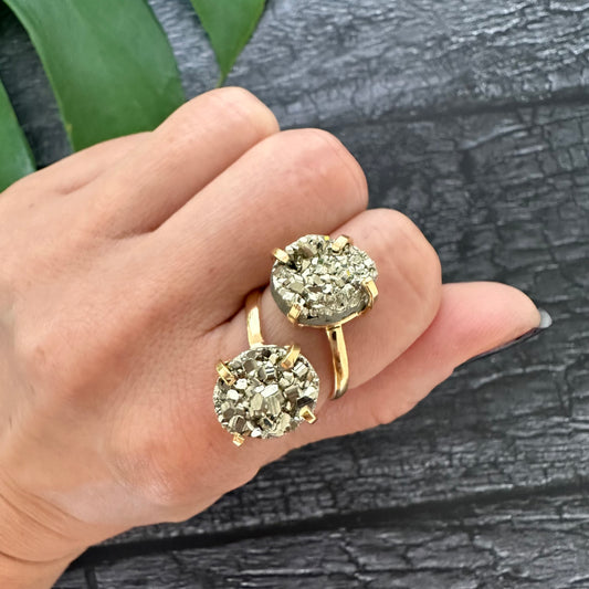 Duo oval-shaped pyrite cluster ring