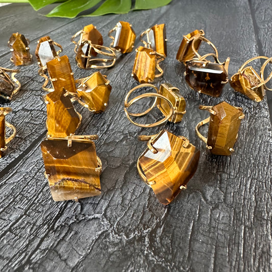 Freeform faceted tiger's eye ring