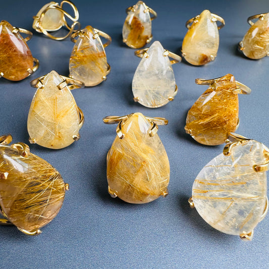 Rutilated quartz teardrop ring