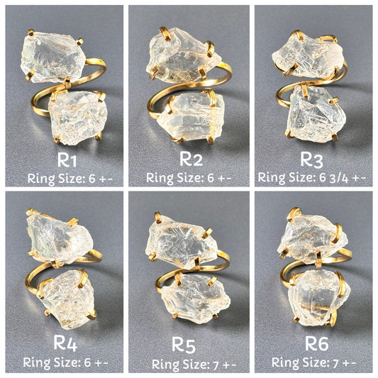 Raw clear crystal quartz dual stone ring