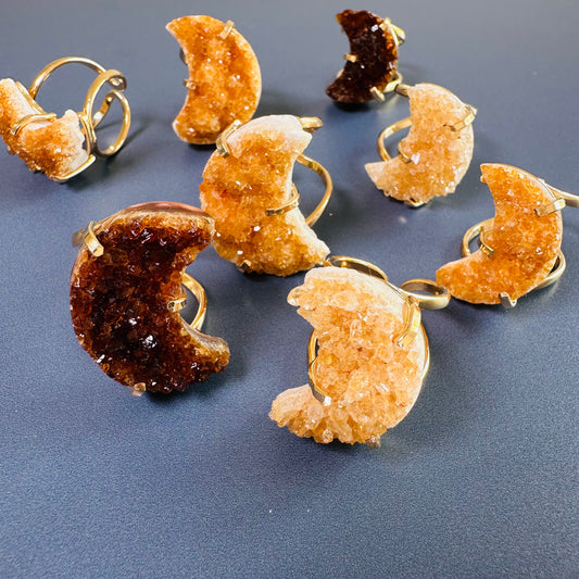 Druzy citrine crescent moon cluster ring