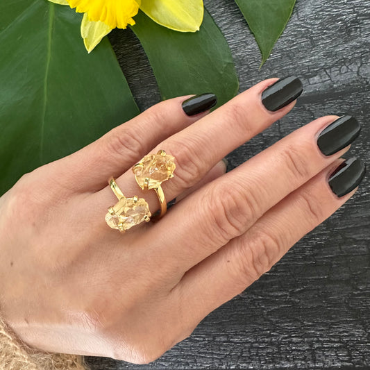 Raw citrine slice dual stone ring