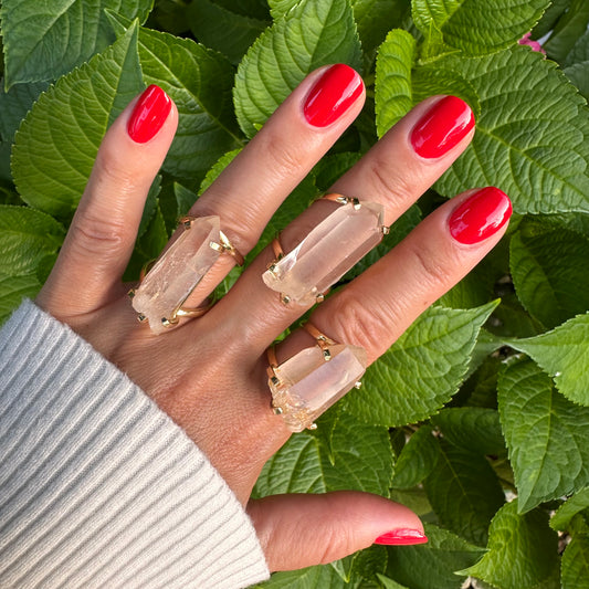 Pink lemurian crystal point ring