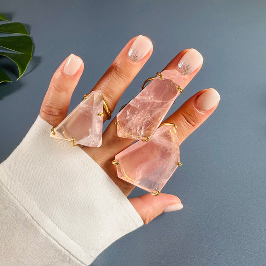 Chunky freeform faceted rose quartz statement ring