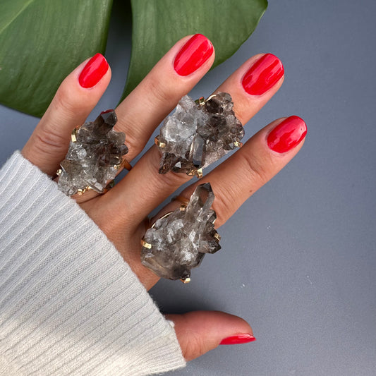 Smoky quartz cluster ring