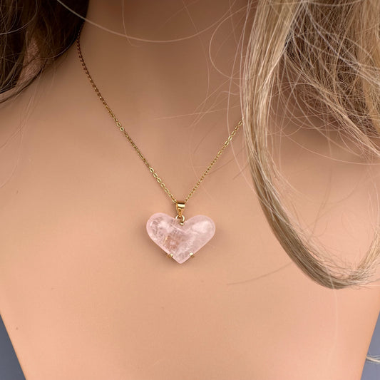 Rose quartz puffy heart pendant