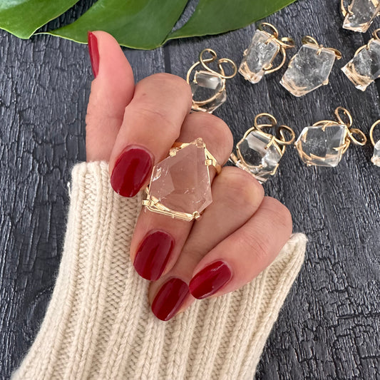 Freeform faceted clear quartz crystal ring
