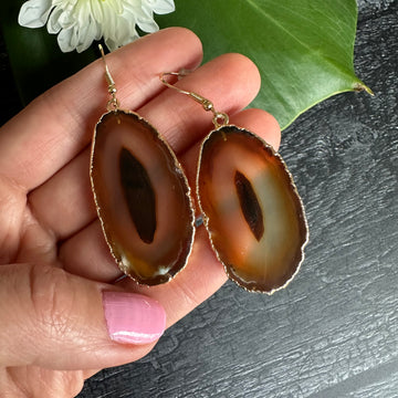 Brown agate slice hook drop earrings
