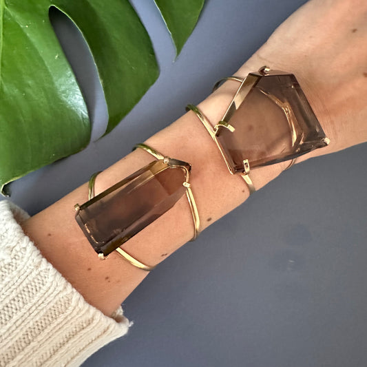 Freeform faceted bulky smoky quartz cuff bracelet