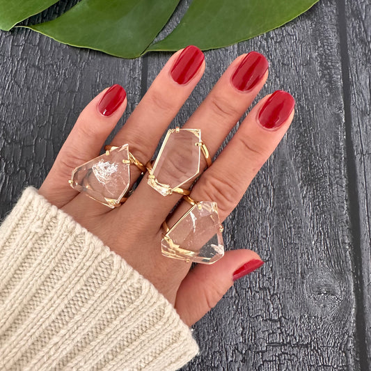 Freeform faceted clear quartz crystal ring