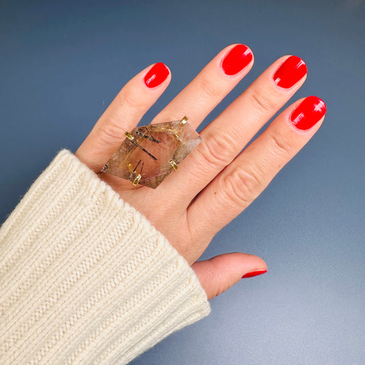 Freeform faceted chunky lodolite quartz crystal statement ring