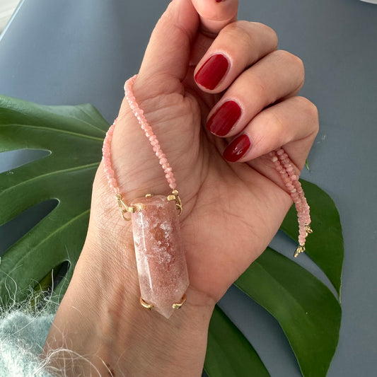 Rhodochrosite necklace with pink amethyst point connector