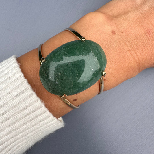 Green quartz oval cabochon cuff bracelet