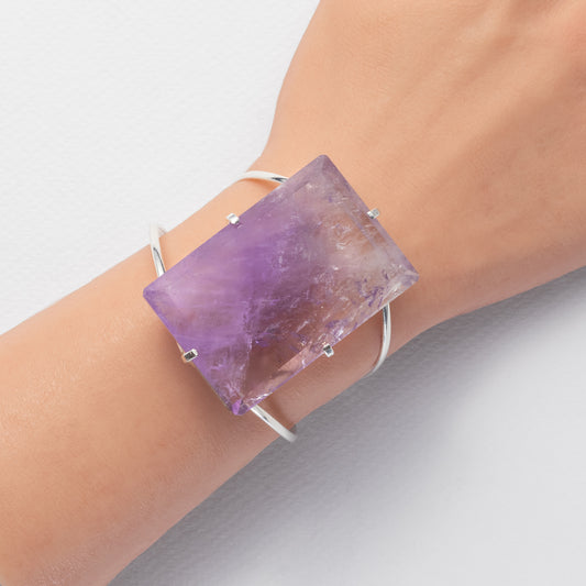 Large faceted rectangle purple amethyst crystal cuff bracelet