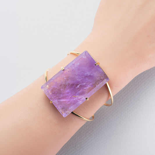 Large faceted rectangle purple amethyst crystal cuff bracelet