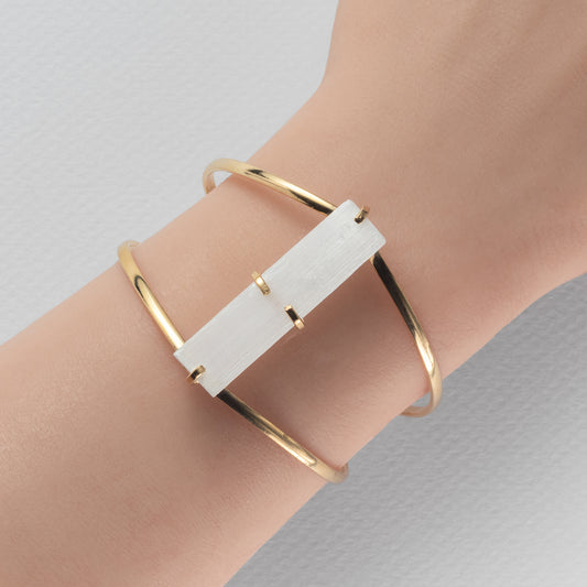 Raw selenite bar cuff bracelet