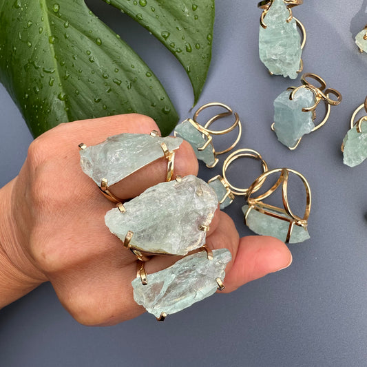 Large raw aquamarine gem ring