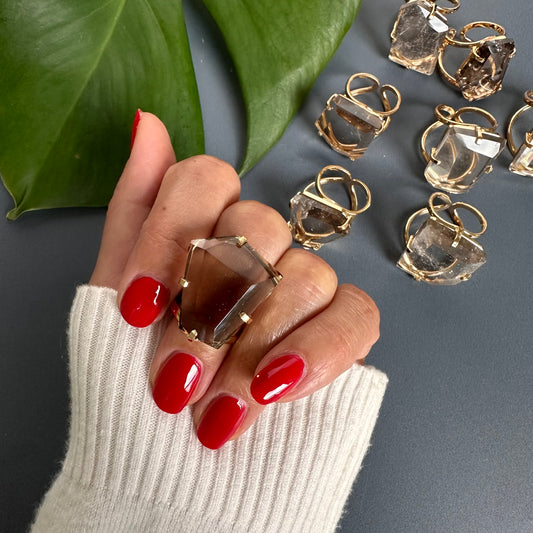 Freeform faceted smoky quartz ring