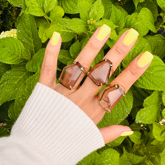 Freeform faceted smoky quartz crystal ring