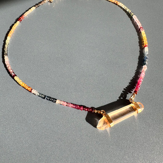 Multicolor sapphire necklace with pink lemurian horizontal connector