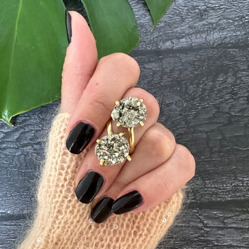 Duo oval-shaped pyrite cluster ring