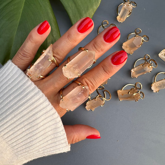 Pink lemurian crystal point ring