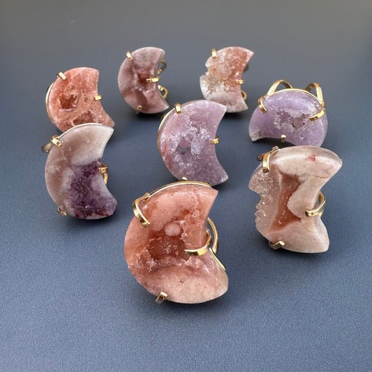 Druzy pink amethyst moon ring