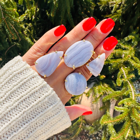 Blue lace agate mixed-shape cabochon rings