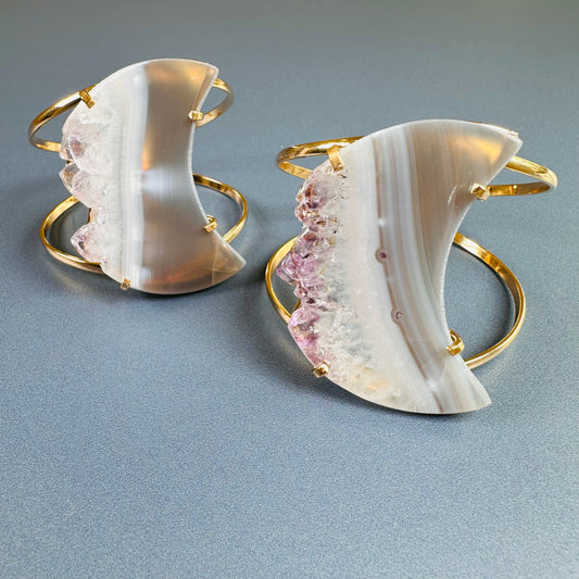 Oversized amethyst crystal slice crescent moon cuff bracelet