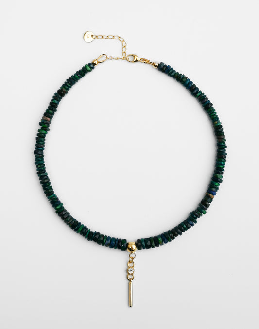 14-karat gold black opal anklet with moissanite point charm