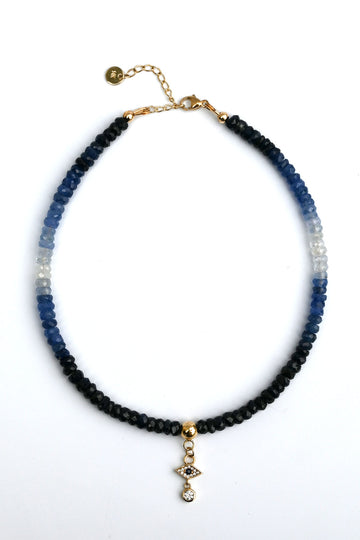 14-karat gold blue sapphires anklet with blue sapphire hamsa hand charm