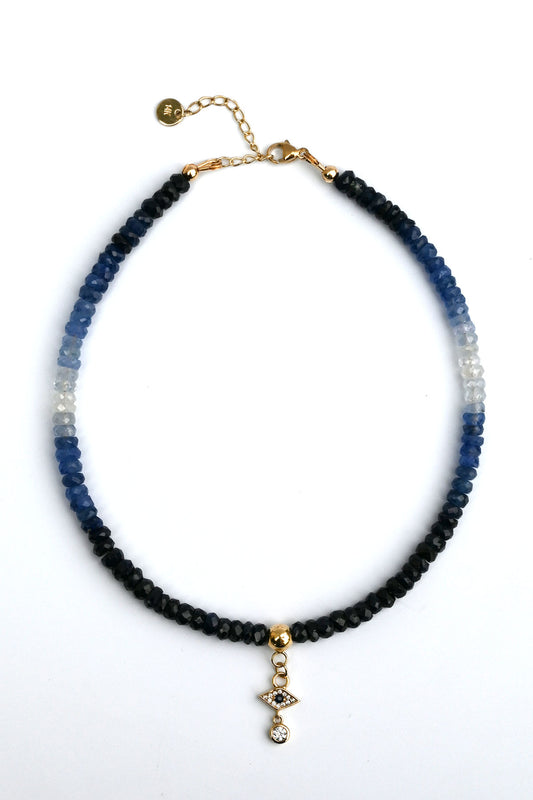 14-karat gold blue sapphires anklet with blue sapphire hamsa hand charm