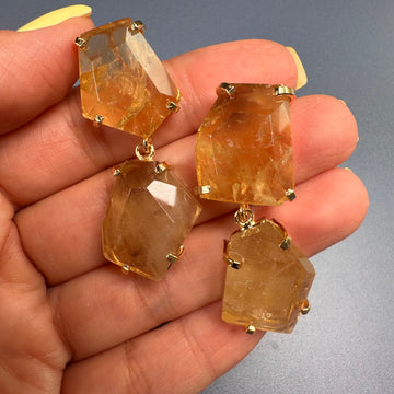 Chunky freeform faceted citrine double drop dangle earrings